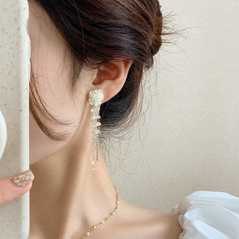 Little Fragrant Wind Camellia Tassel Long Earrings