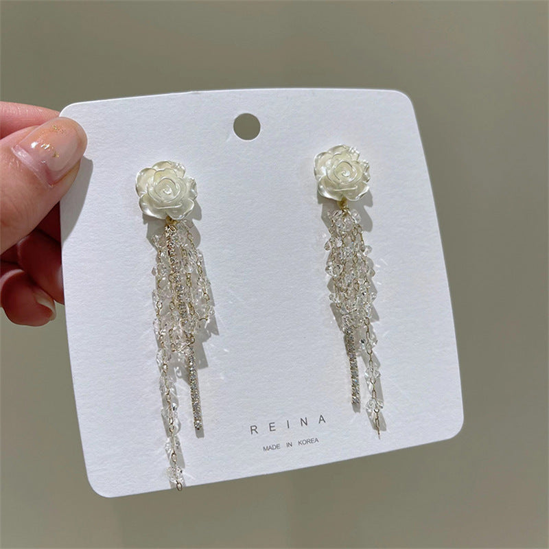 Little Fragrant Wind Camellia Tassel Long Earrings