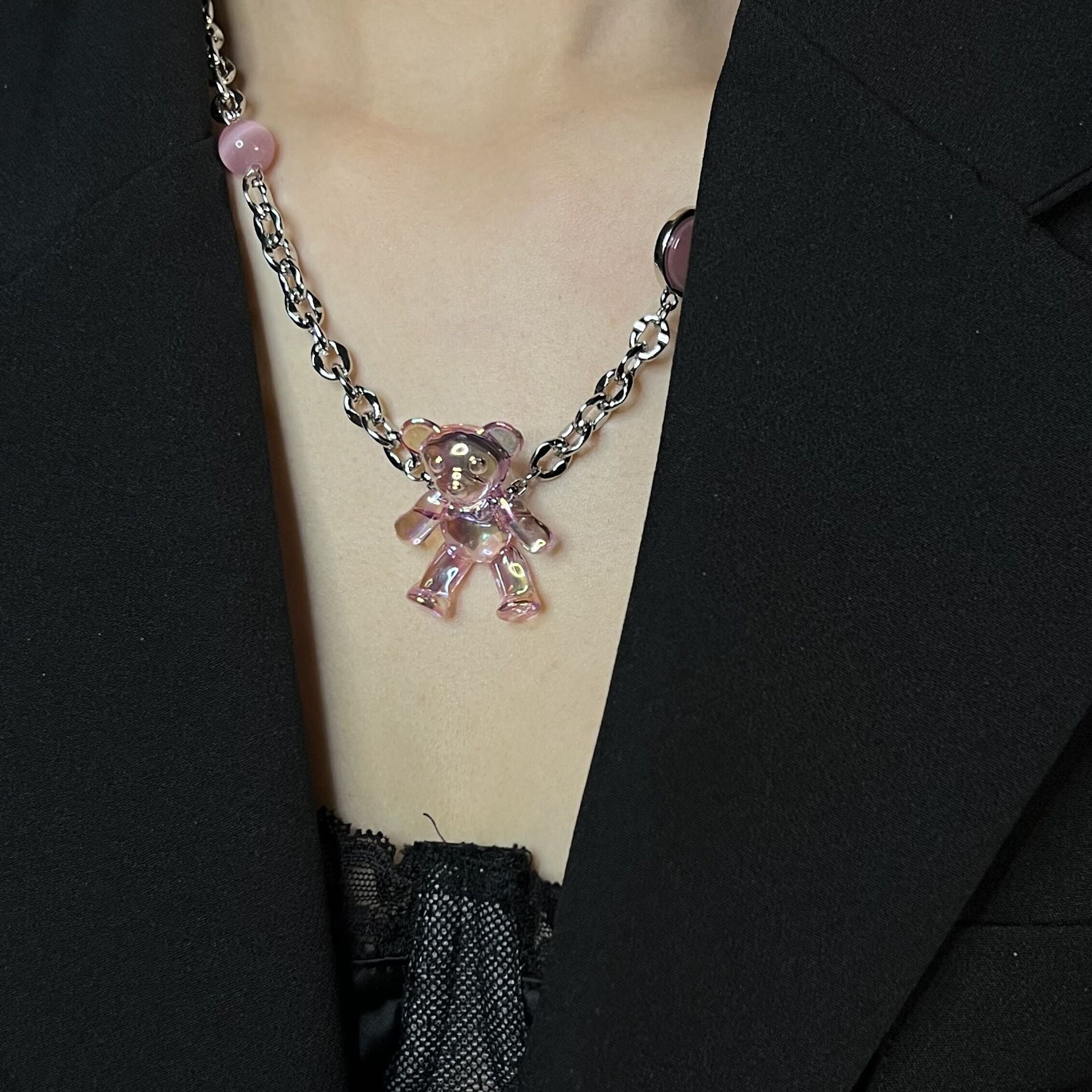Love Opal Pink Bear Necklace Clambone Chain
