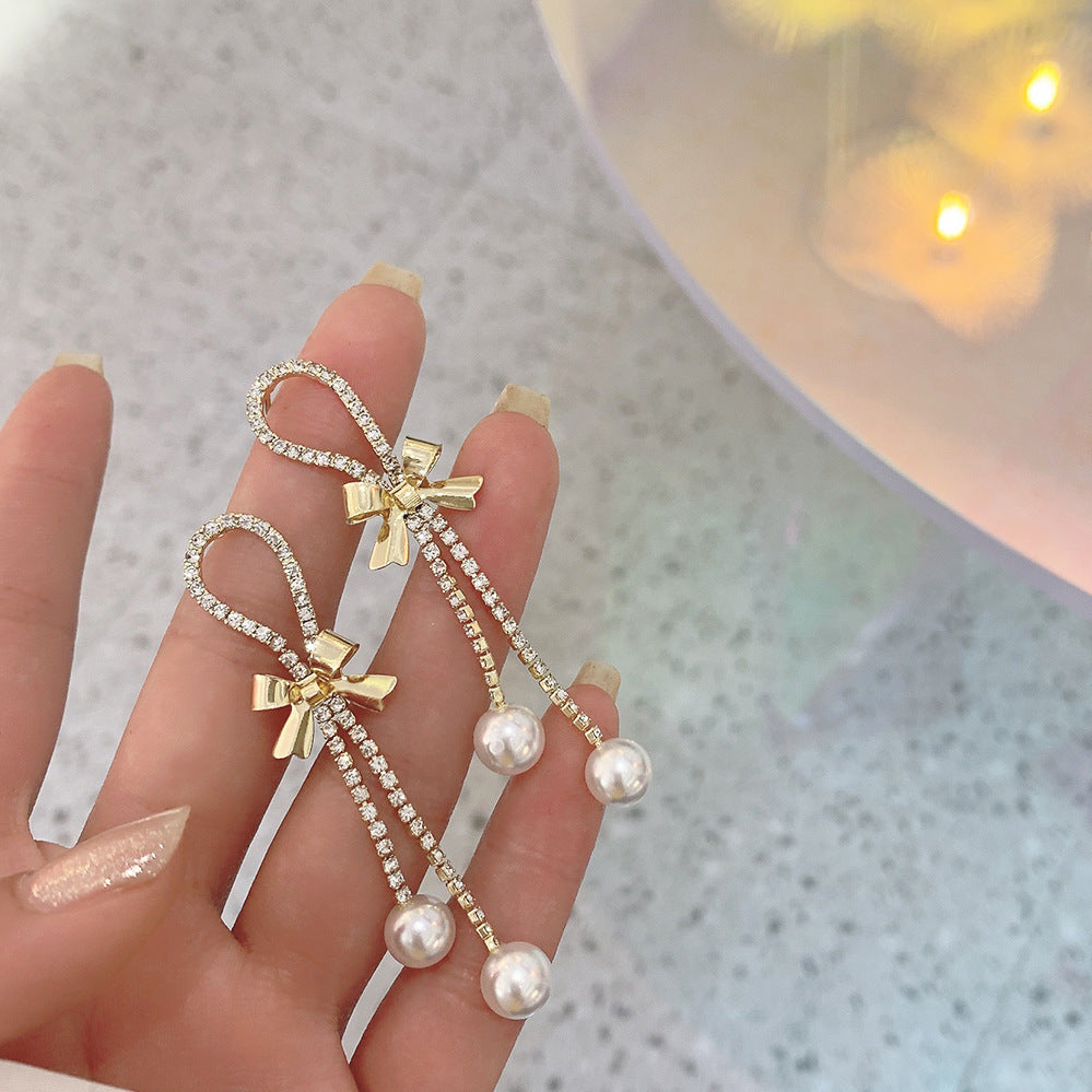 리본 라인스톤 태슬 이어링