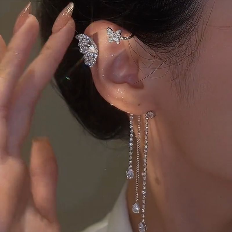 Super flash rhinestone smart butterfly tassel earrings female niche design advanced fashion Joker earhole-free ear clip ear hanging