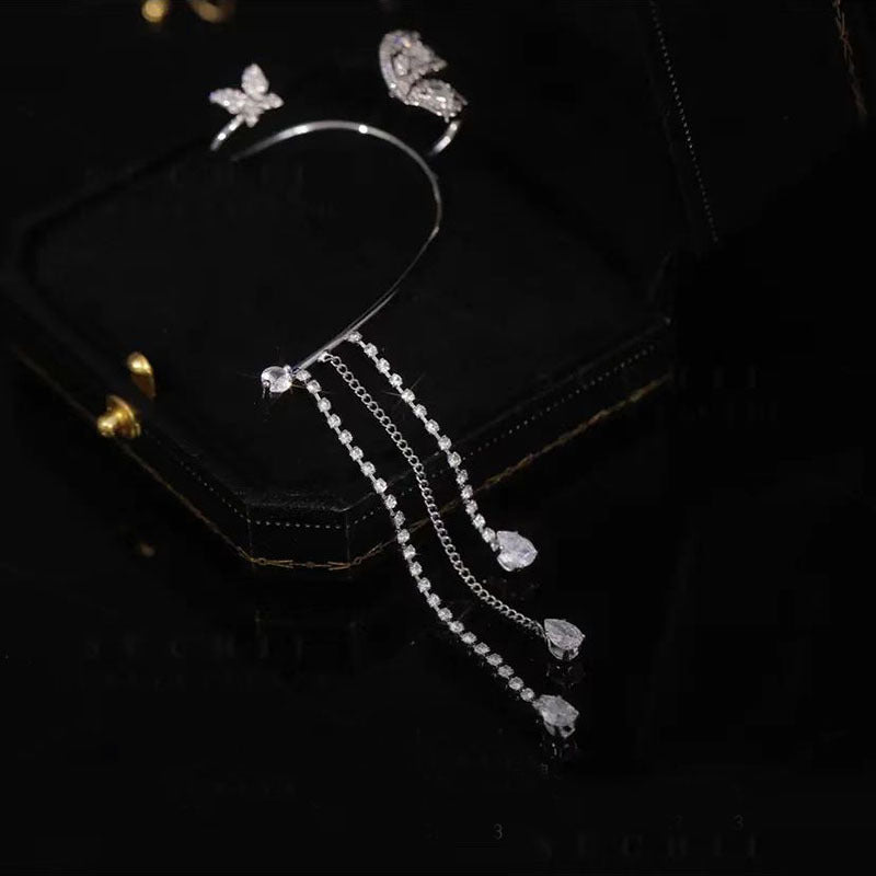 Super flash rhinestone smart butterfly tassel earrings female niche design advanced fashion Joker earhole-free ear clip ear hanging