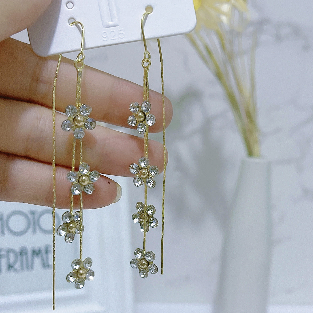 Fringed long zircon flower earrings