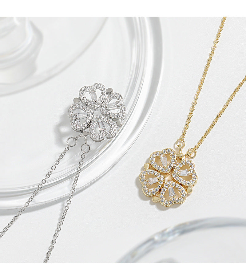 Two-wear love flower pendant heart-to-heart connection niche design feeling one-way more heart-shaped four-leaf clover necklace