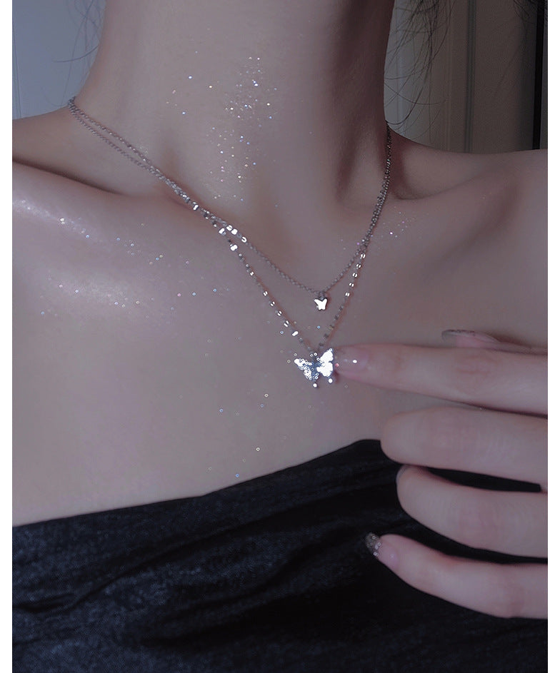 Doppelschichtige Schmetterlingshalskette aus Titanstahl für weibliche Schlüsselbeinkette