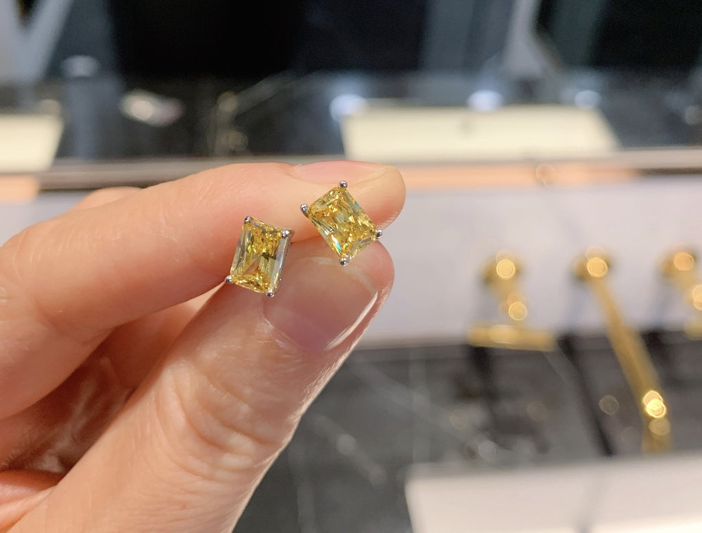 ست حلقه آویز گوشواره کوچک مستطیل شکل الماس زرد شبیه سازی کربن بالا