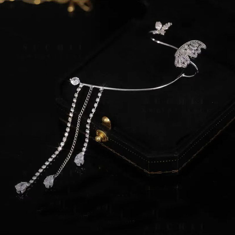 Super flash rhinestone smart butterfly tassel earrings female niche design advanced fashion Joker earhole-free ear clip ear hanging