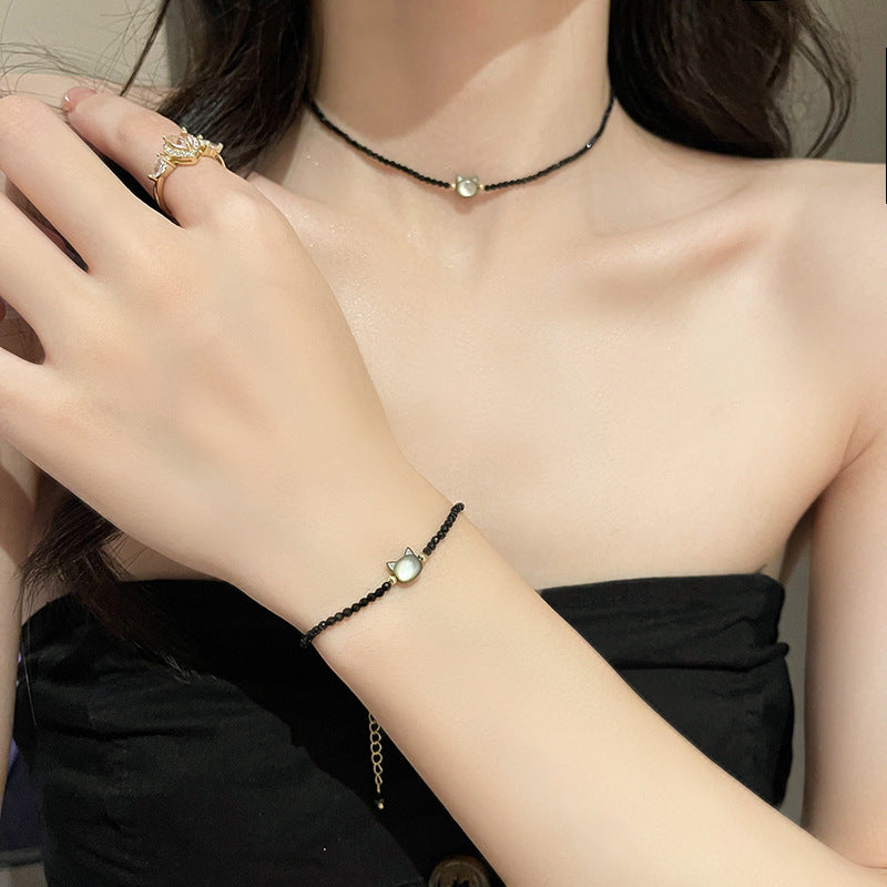 블랙 크리스탈 샤오 마오 헤드 목걸이 팔찌