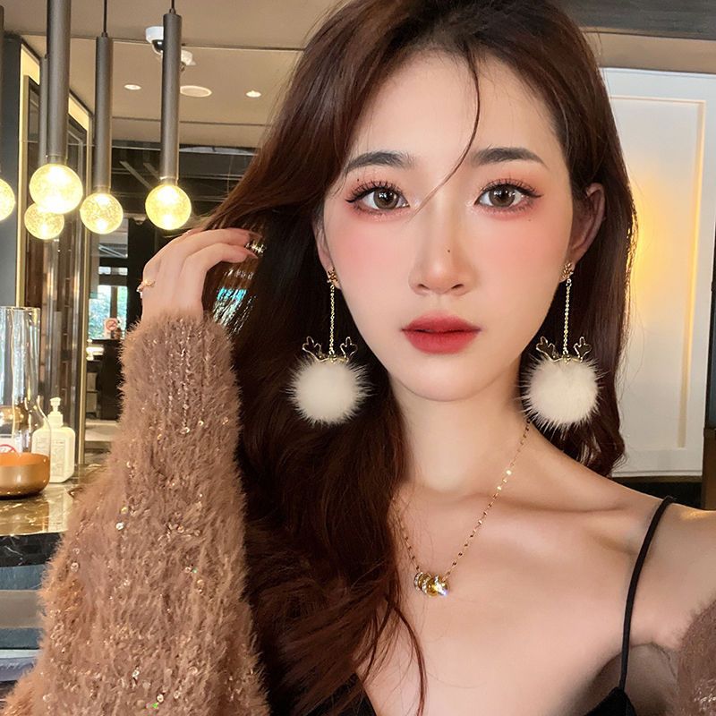 Furry Christmas snowflake elk fur ball earrings