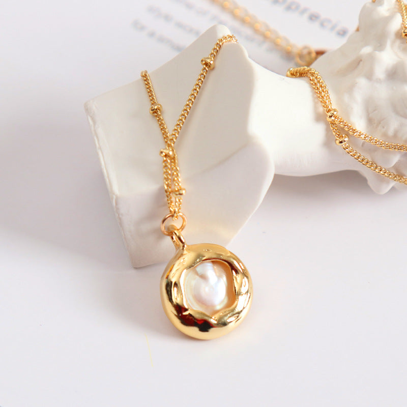 French Retro Simple Baroque Freshwater Button Necklace Mother