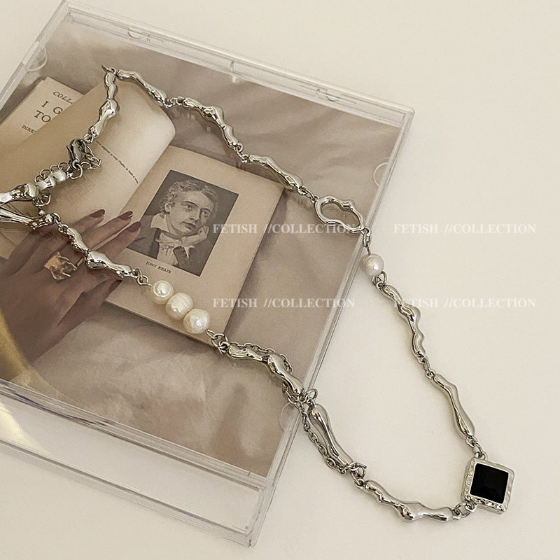 바로크 담수 모조 진주 블랙 지르콘 목걸이 여성