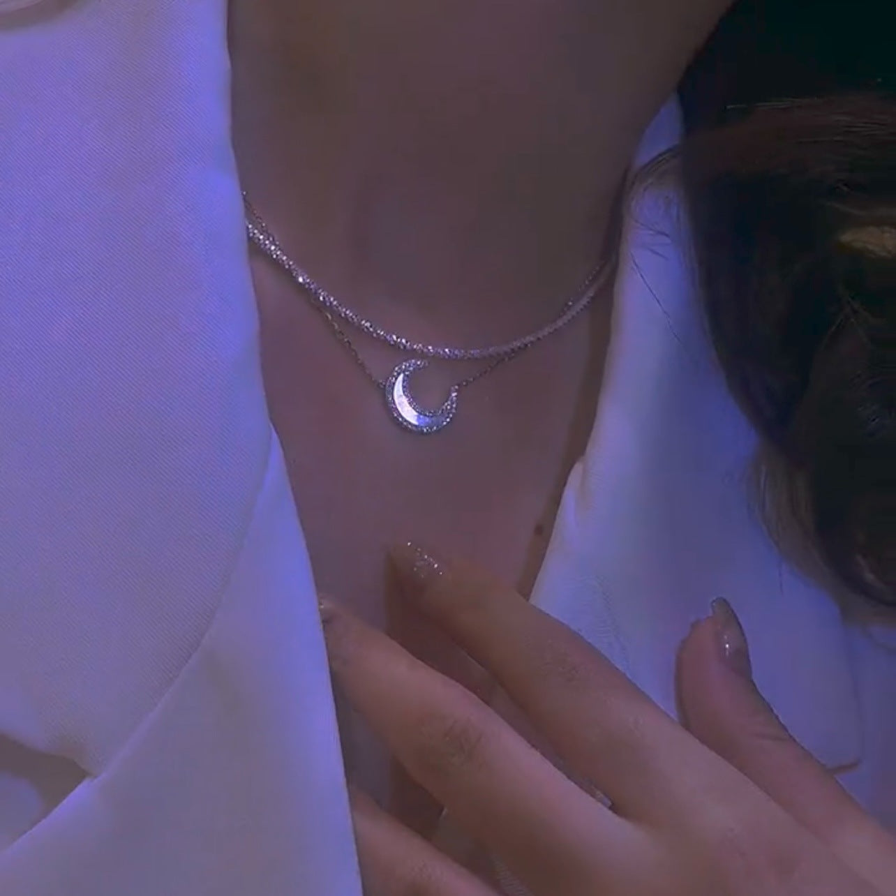 প্রাকৃতিক শেল চাঁদ ডাবল-স্তর দুই-টুকরা ক্ল্যাভিকল চেইন নেকলেস স্পার্কলিং নেকলেস মহিলা