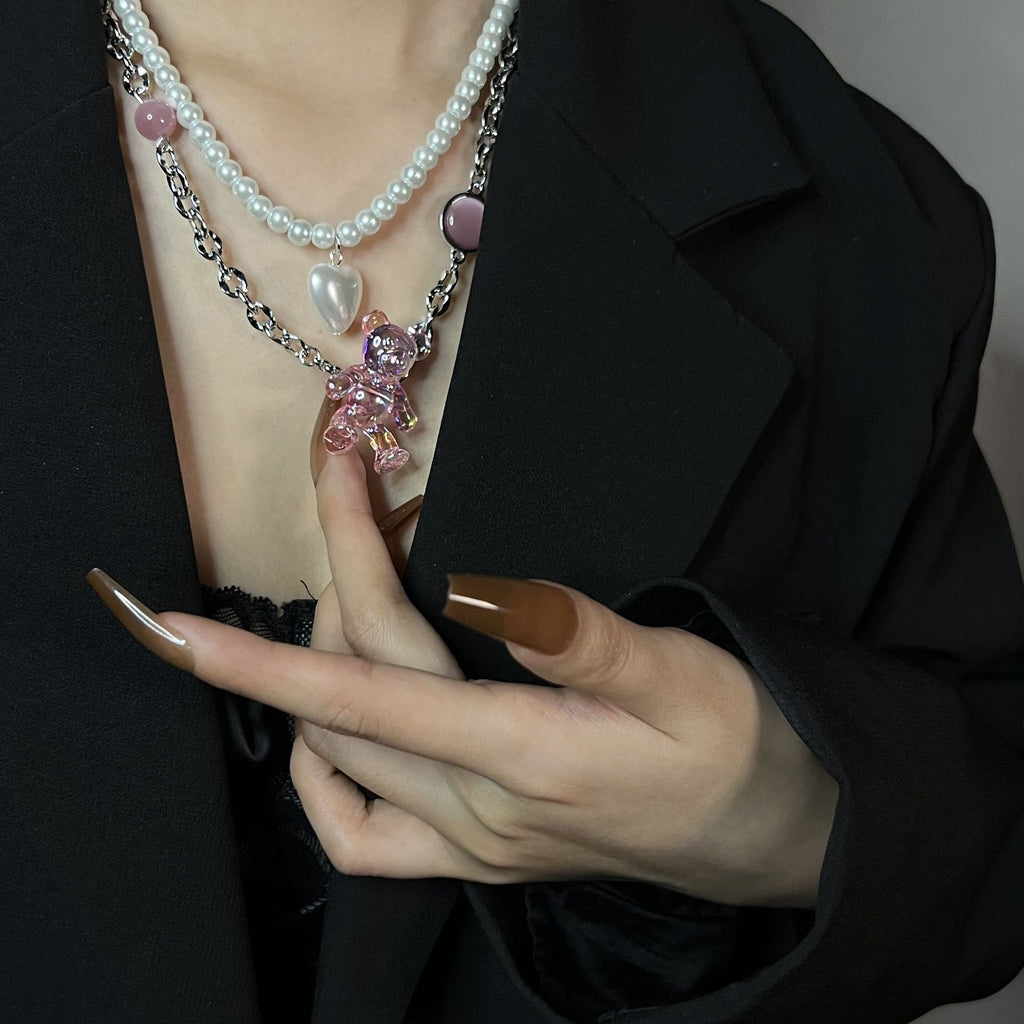 Love Opal Pink Bear Necklace Clambone Chain