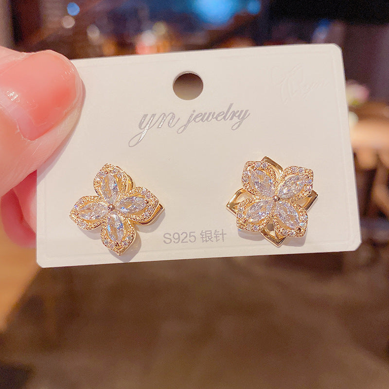 Zircon Rotatable Four-leaf Flower Earrings